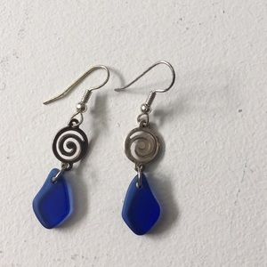 Blue sea glass and silver swirl earrings
